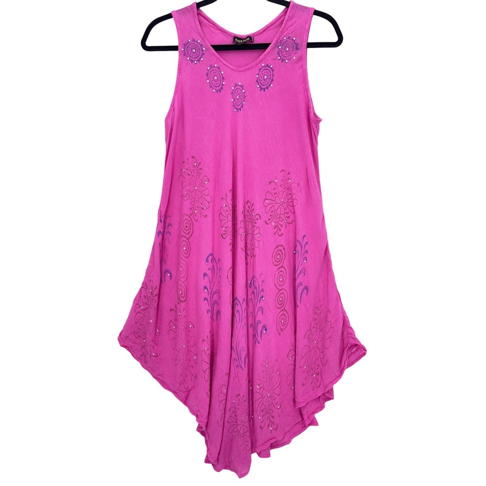 Ana & Rose Pink Handkerchief Hem Dress One Size Regular Floral Rhinestone Boho